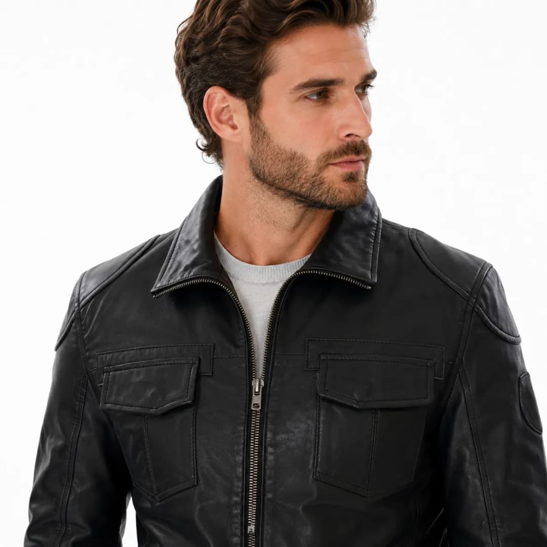 Mens Classic Black Leather Trucker Jacket_6