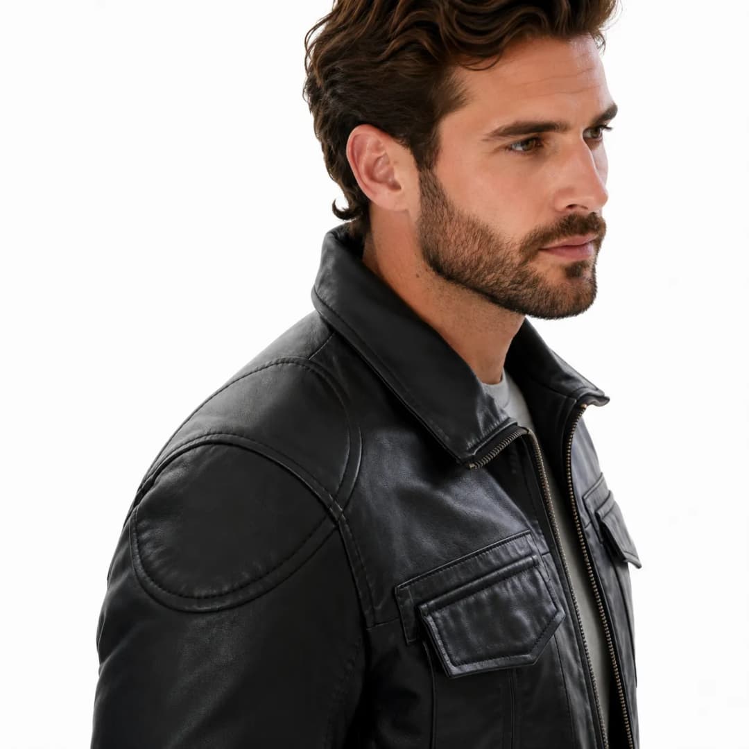 Mens Classic Black Leather Trucker Jacket_7