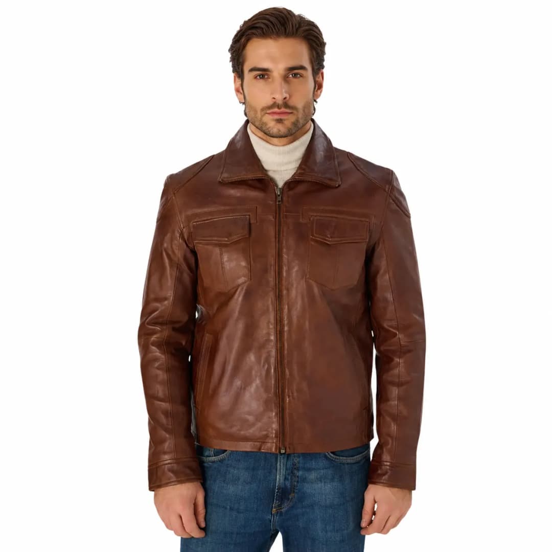 Mens Coffee Brown Leather Trucker Jacket_1