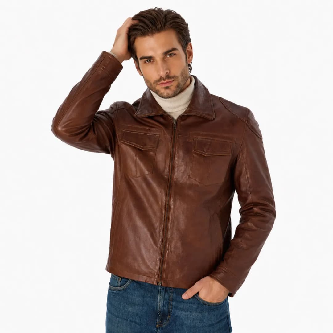 Mens Coffee Brown Leather Trucker Jacket_2