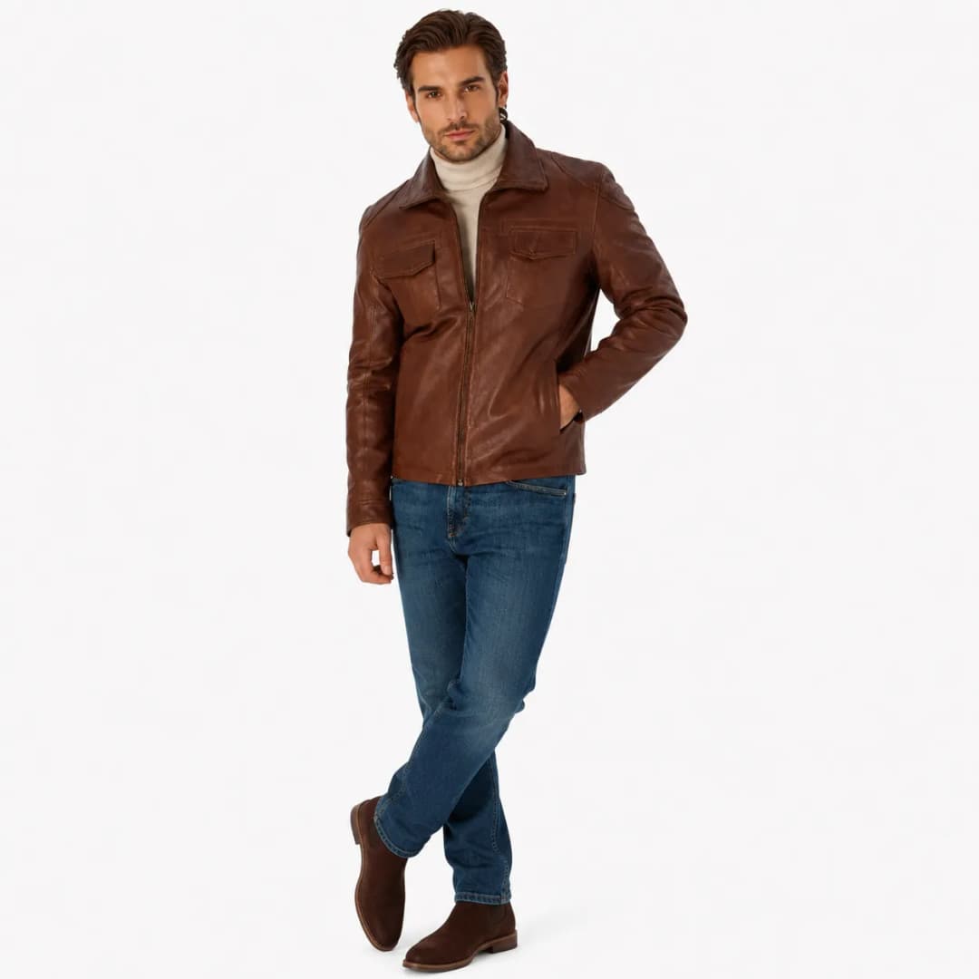 Mens Coffee Brown Leather Trucker Jacket_3