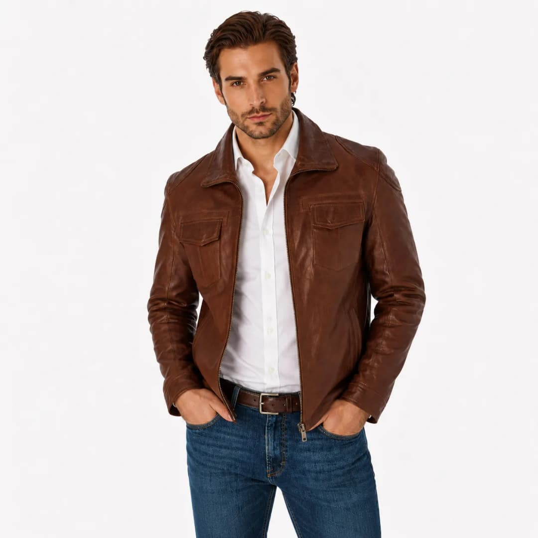 Mens Coffee Brown Leather Trucker Jacket_4