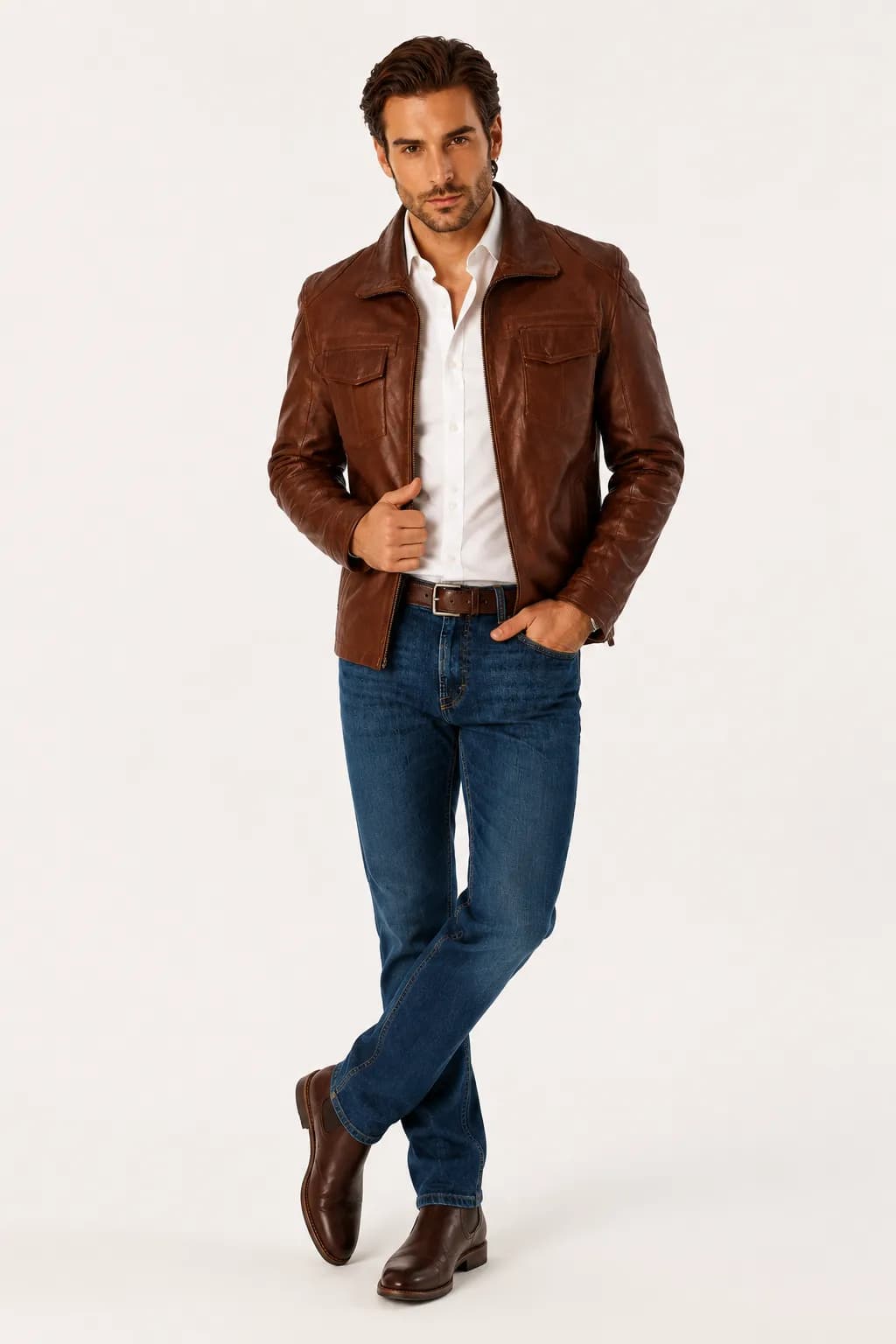 Mens Coffee Brown Leather Trucker Jacket_5