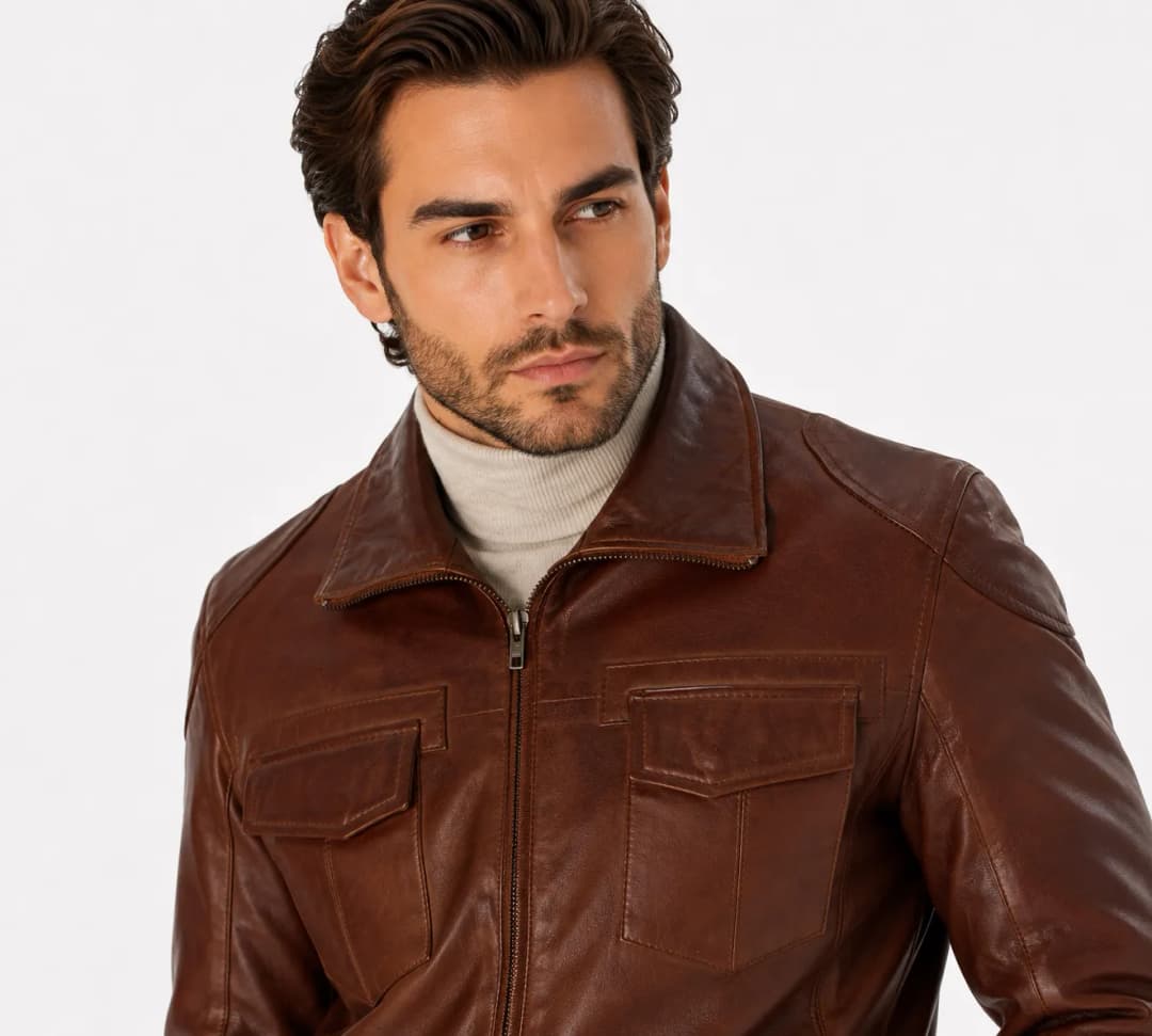 Mens Coffee Brown Leather Trucker Jacket_7