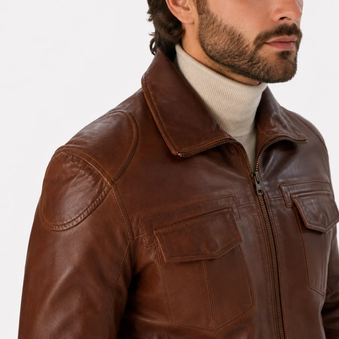 Mens Coffee Brown Leather Trucker Jacket_8