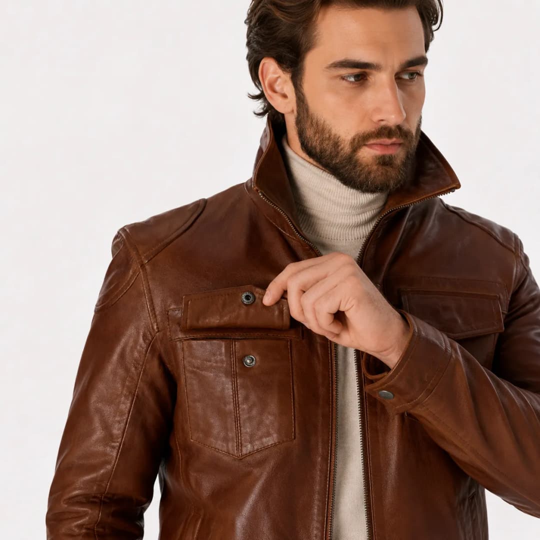 Mens Coffee Brown Leather Trucker Jacket_9