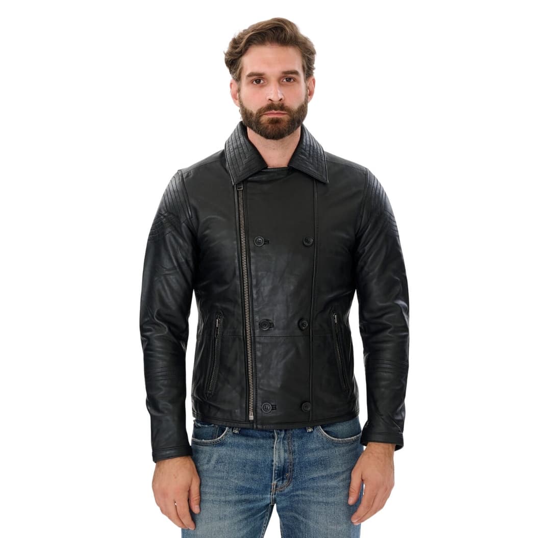 Mens Double Breasted Black Leather Jacket