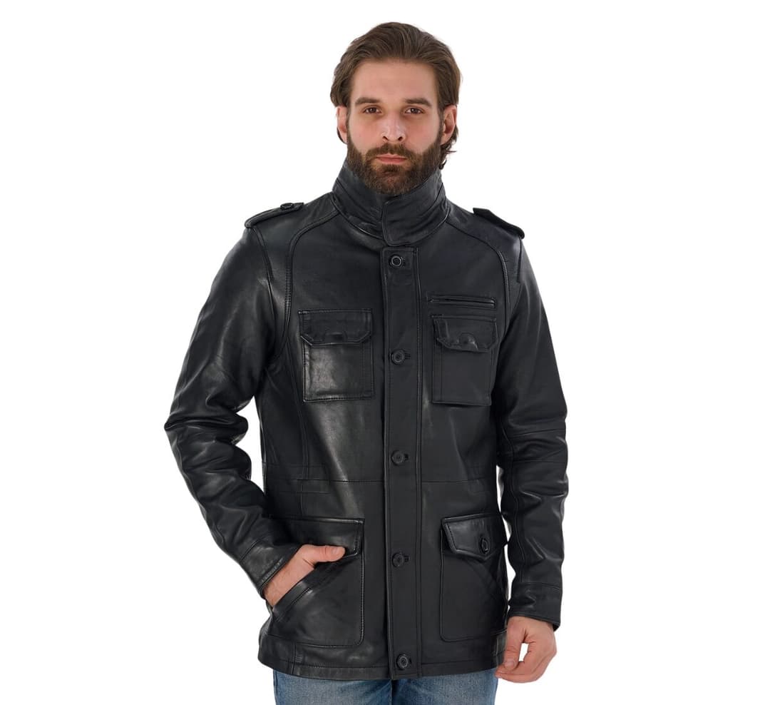 Mens Black Genuine Leather Trucker Jacket