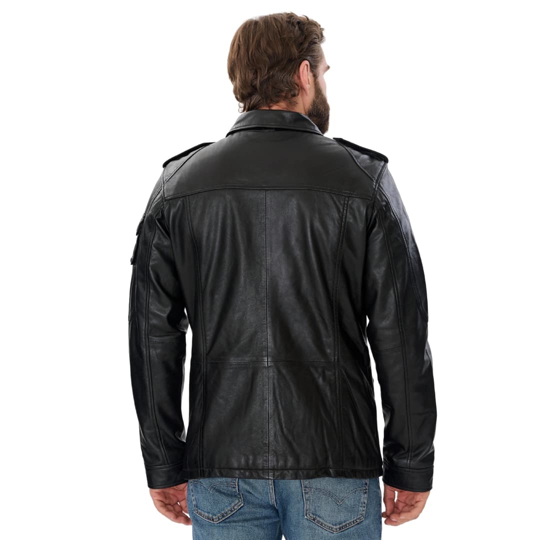 Mens Classic Black Leather Trucker Jacket
