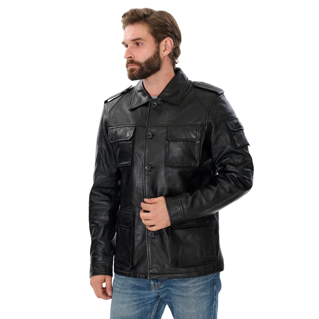 Mens Classic Black Leather Trucker Jacket