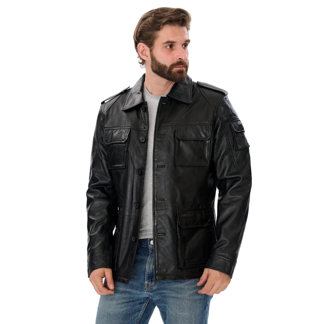 Mens Classic Black Leather Trucker Jacket