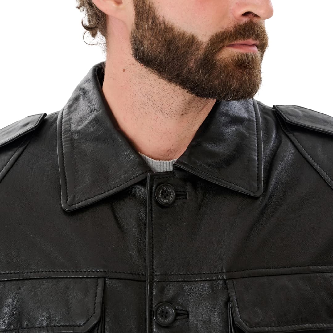 Mens Classic Black Leather Trucker Jacket