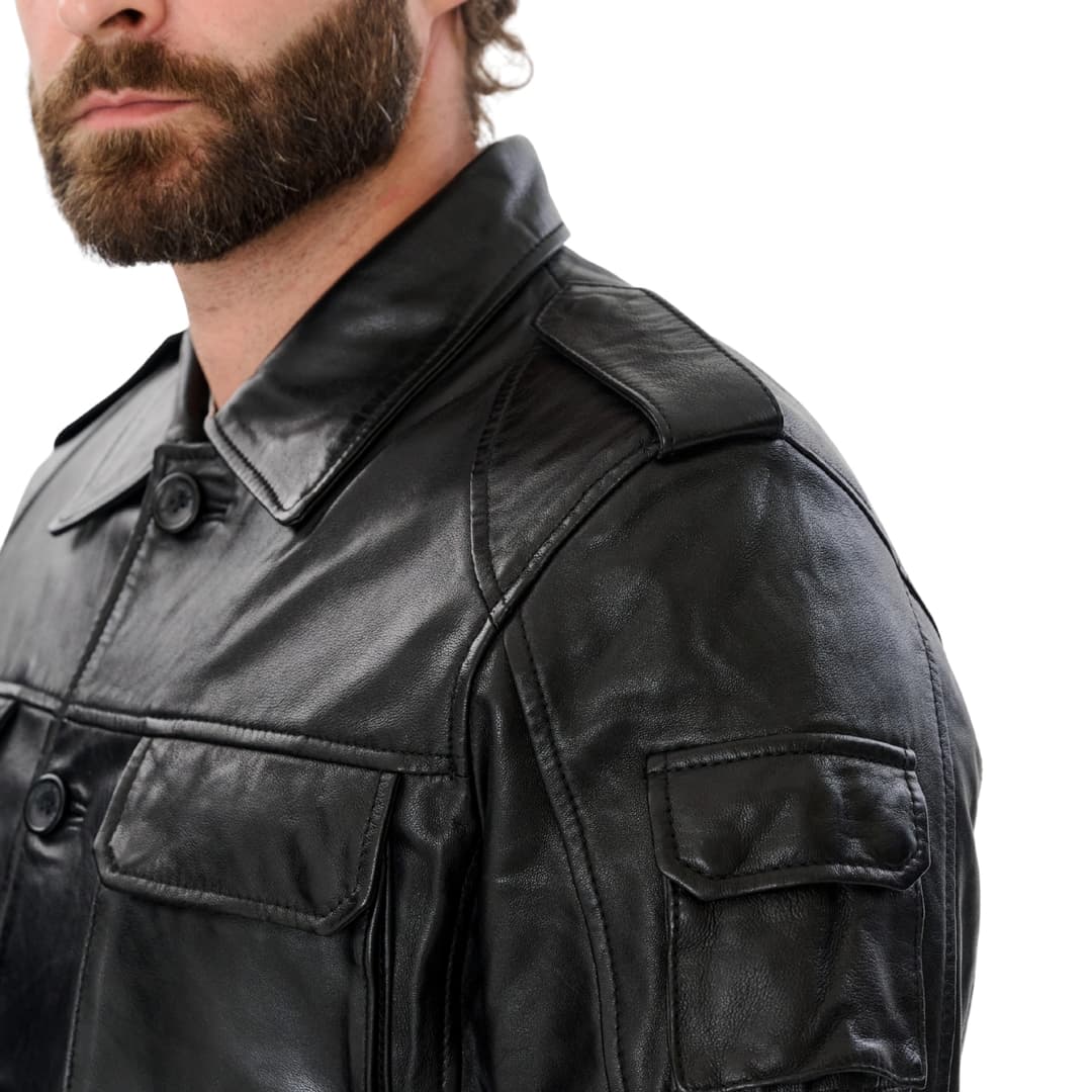 Mens Classic Black Leather Trucker Jacket
