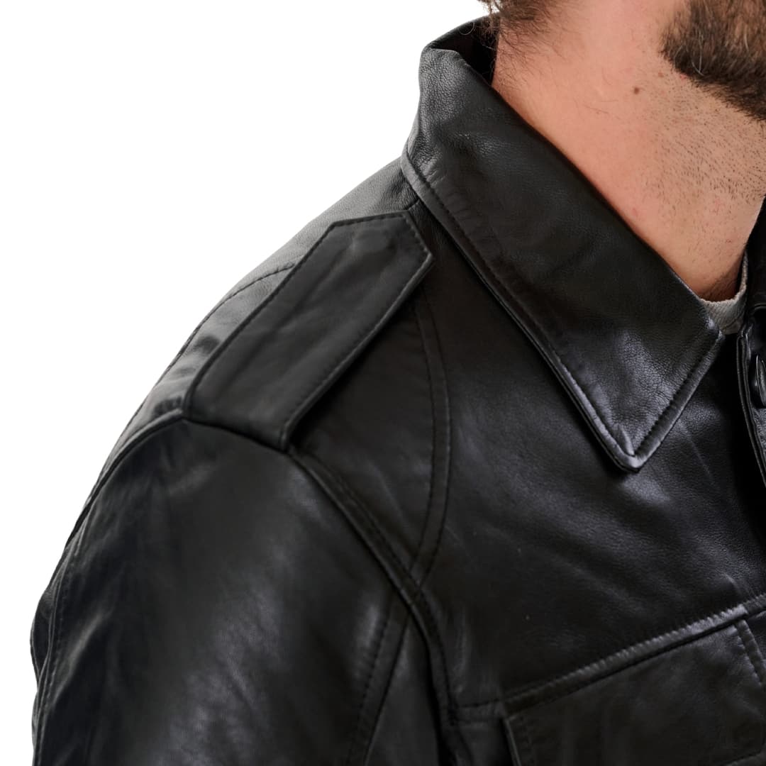 Mens Classic Black Leather Trucker Jacket