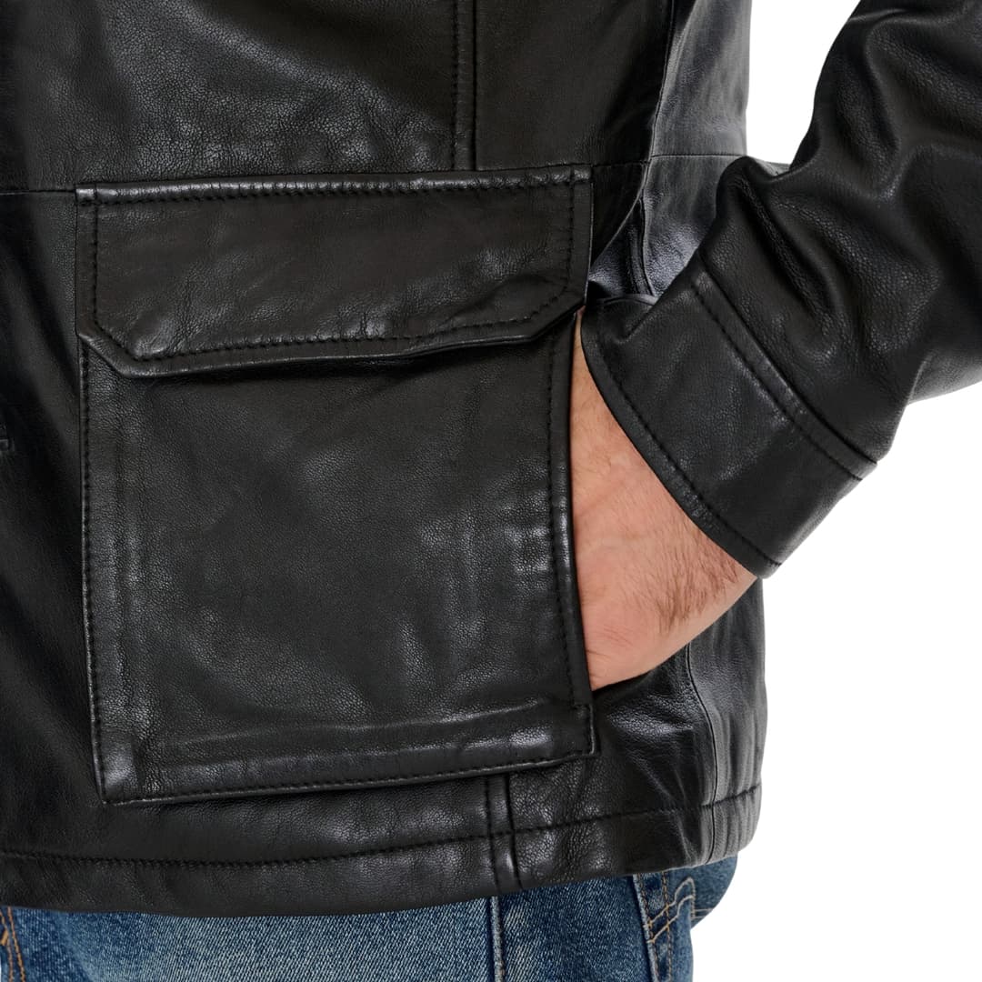 Mens Classic Black Leather Trucker Jacket