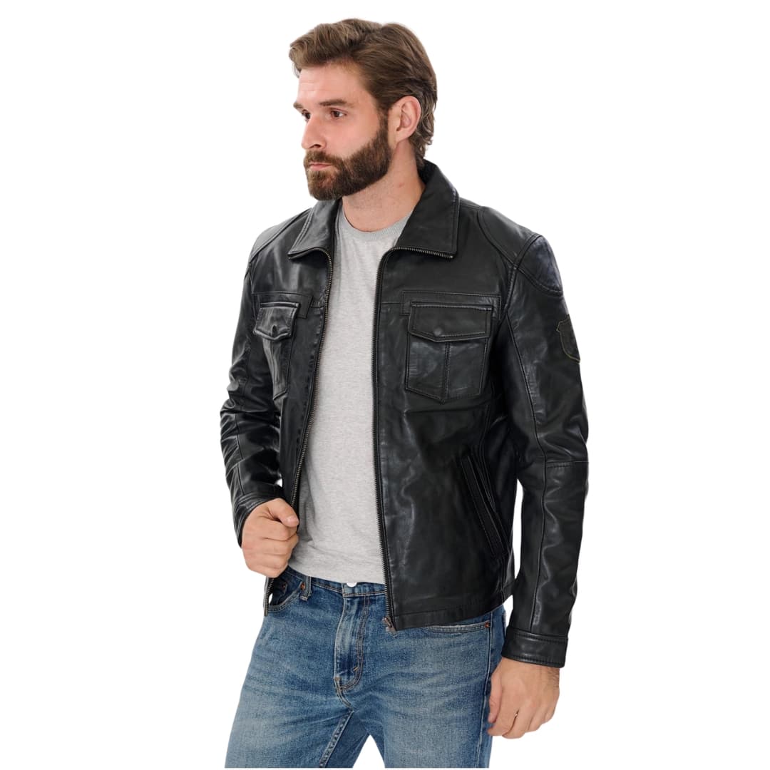 Mens Classic Black Leather Trucker Jacket