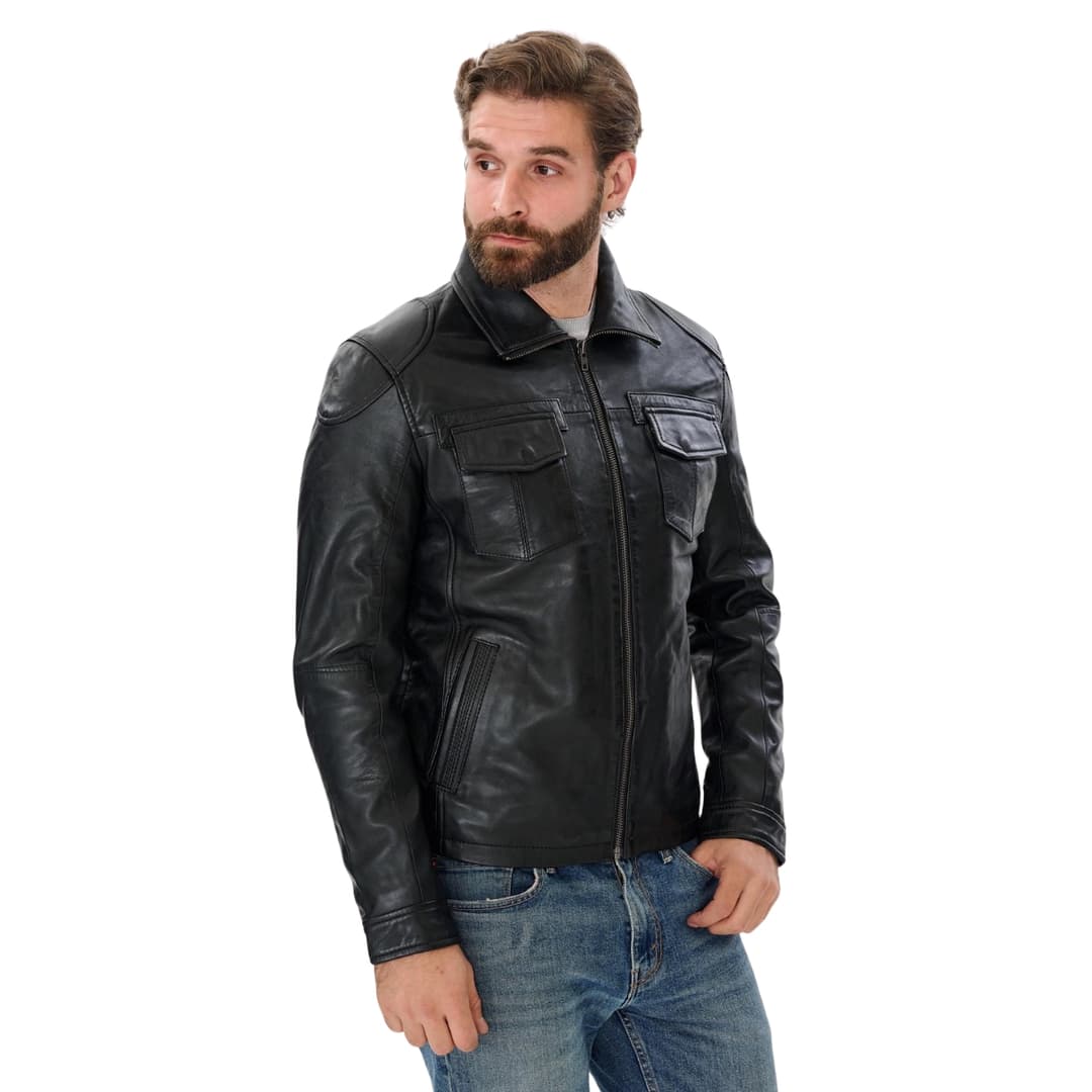 Mens Classic Black Leather Trucker Jacket