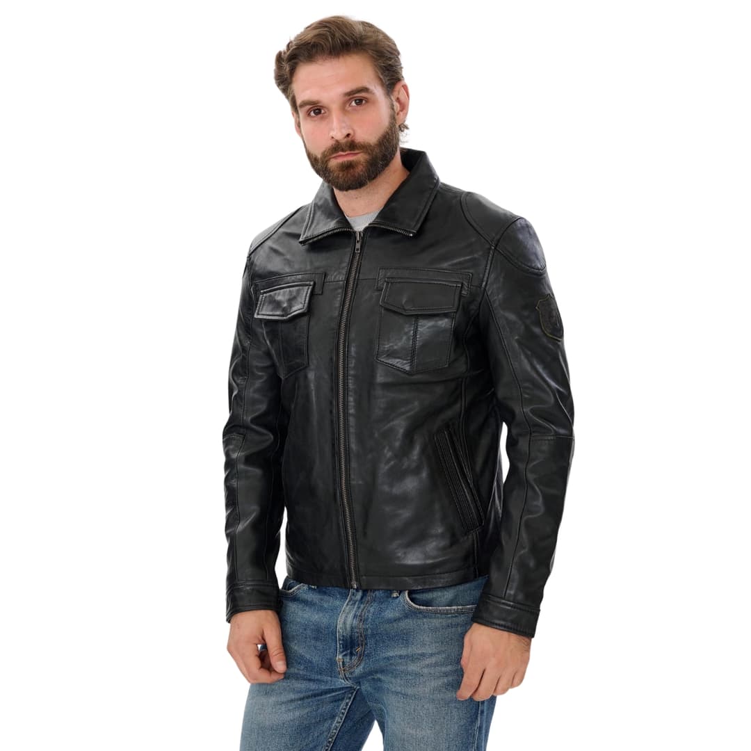Mens Classic Black Leather Trucker Jacket