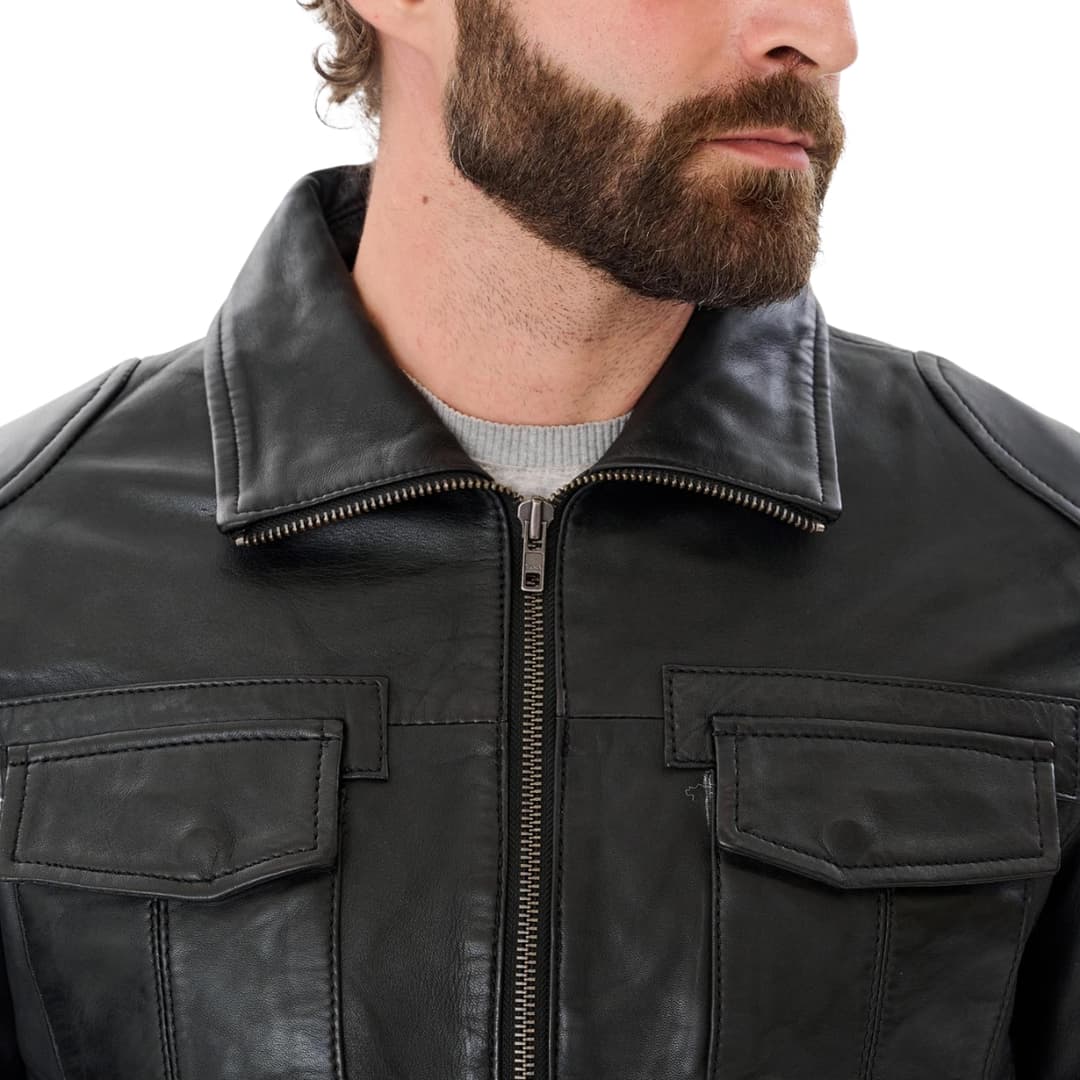 Mens Classic Black Leather Trucker Jacket