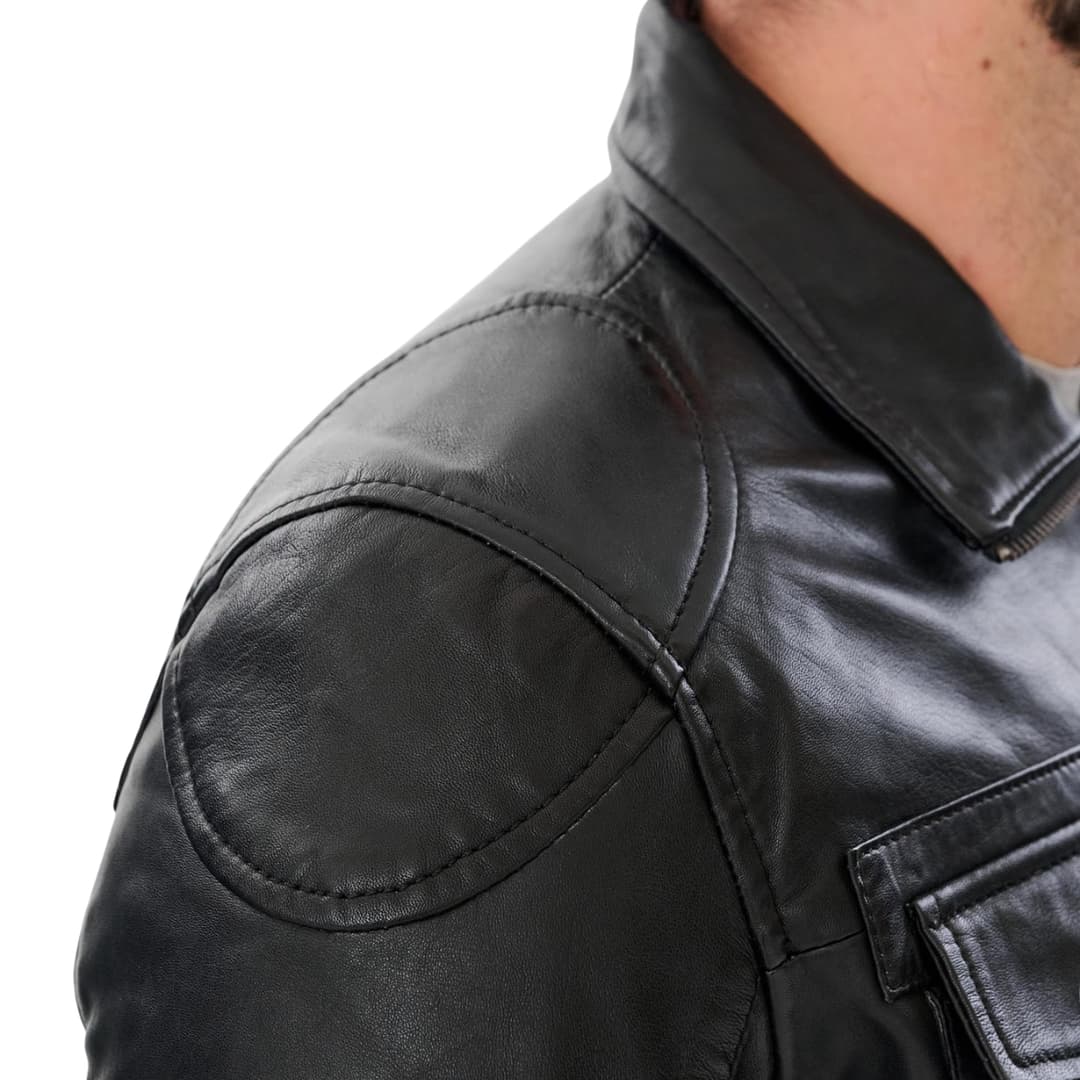 Mens Classic Black Leather Trucker Jacket