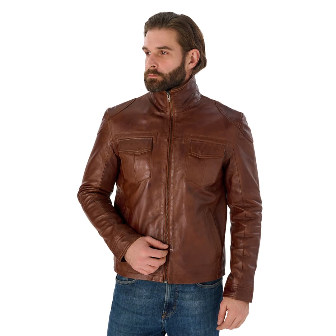 Mens Coffee Brown Leather Trucker Jacket 1