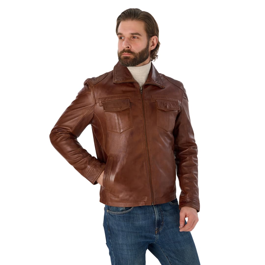 Mens Coffee Brown Leather Trucker Jacket 1