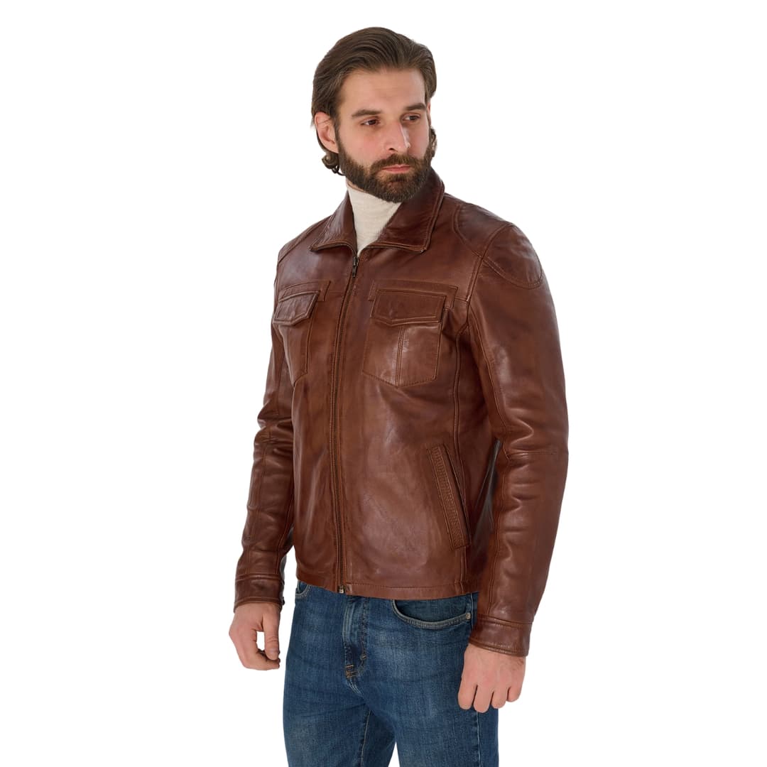 Mens Coffee Brown Leather Trucker Jacket 1