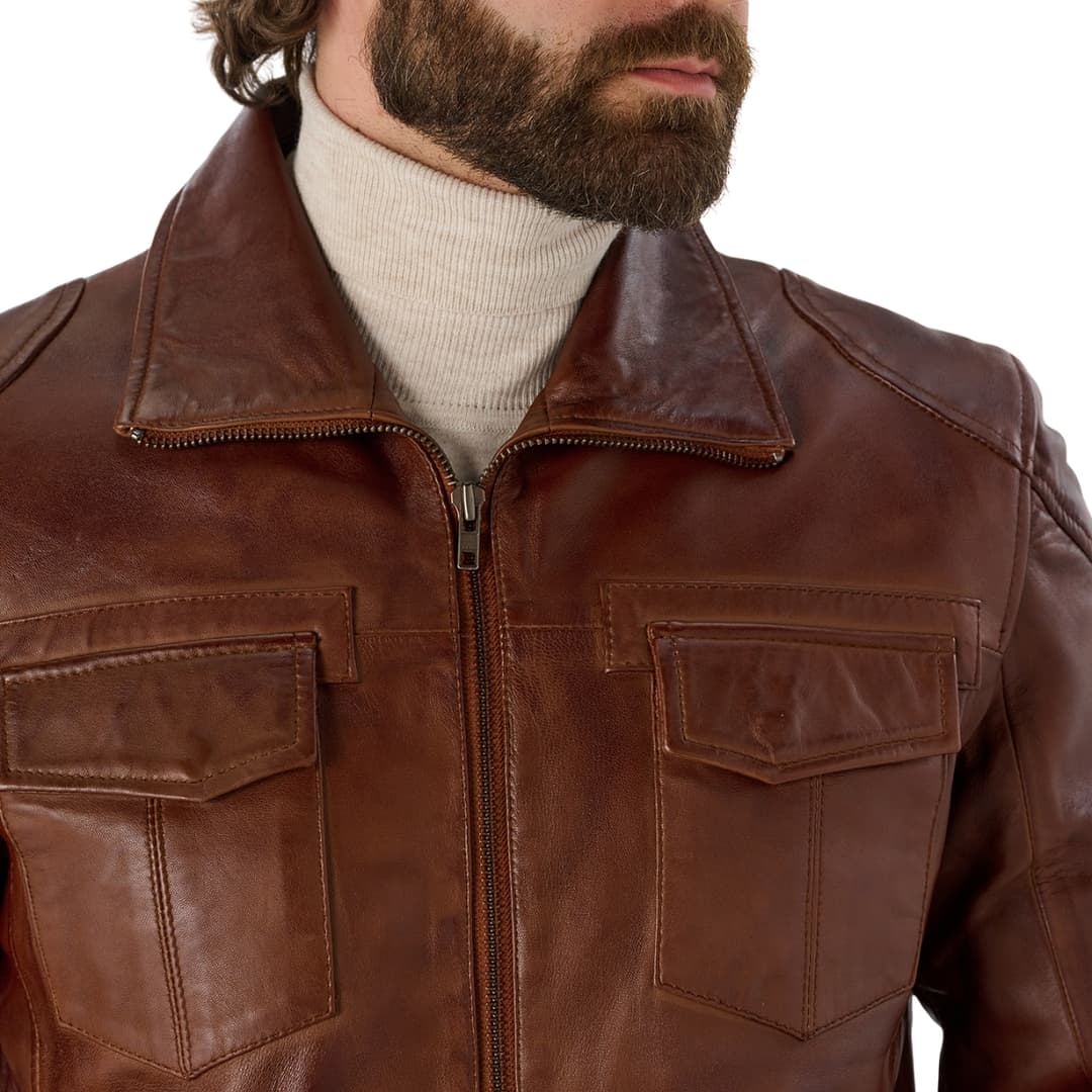 Mens Coffee Brown Leather Trucker Jacket 1