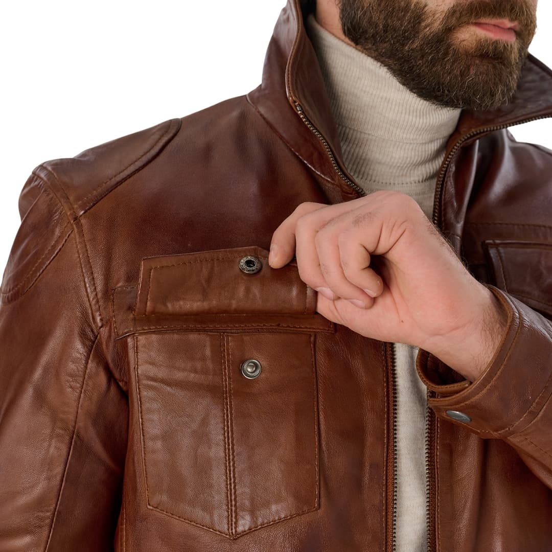 Mens Coffee Brown Leather Trucker Jacket 1