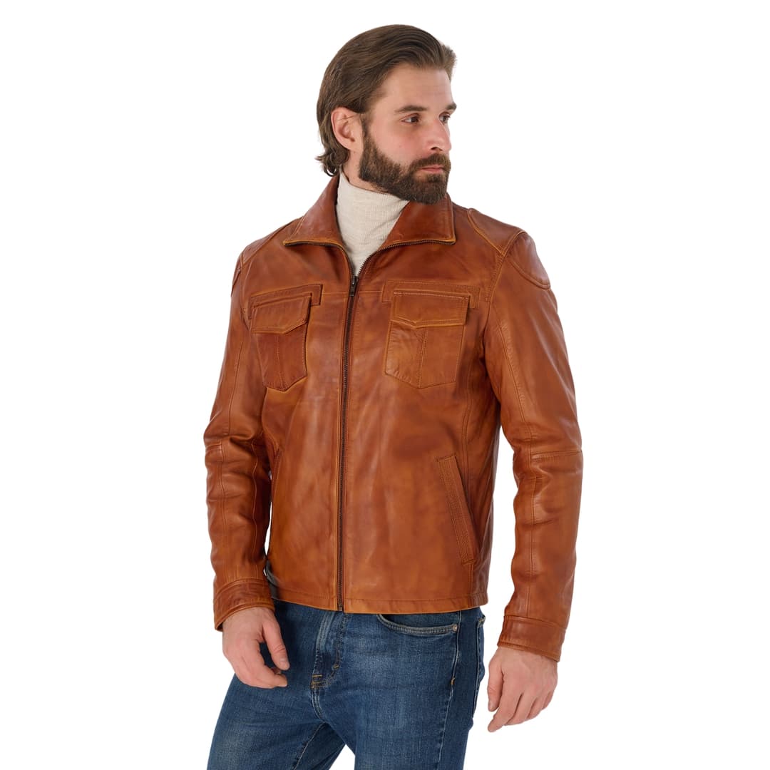 Mens Cognac Brown Leather Trucker Jacket