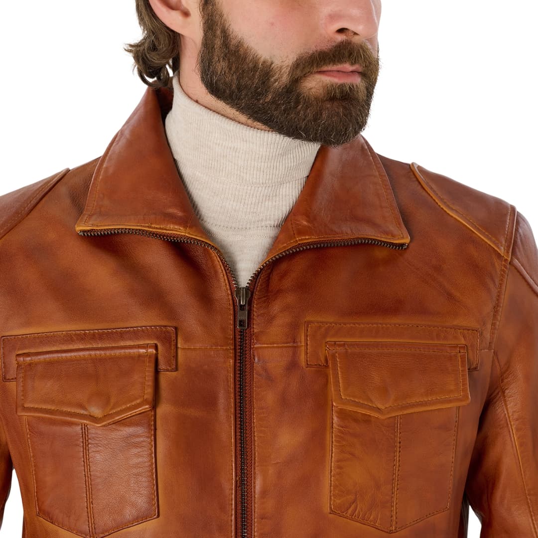 Mens Cognac Brown Leather Trucker Jacket