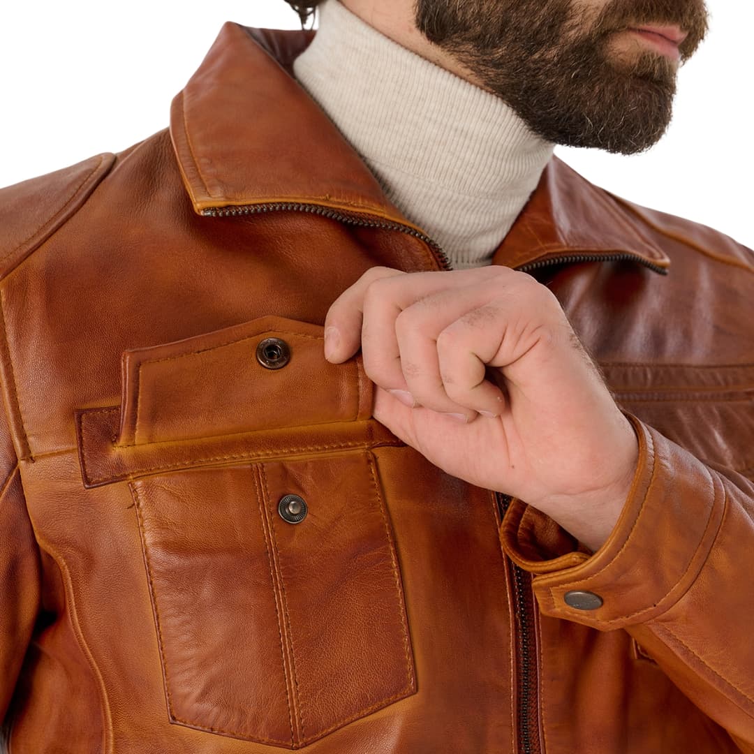 Mens Cognac Brown Leather Trucker Jacket