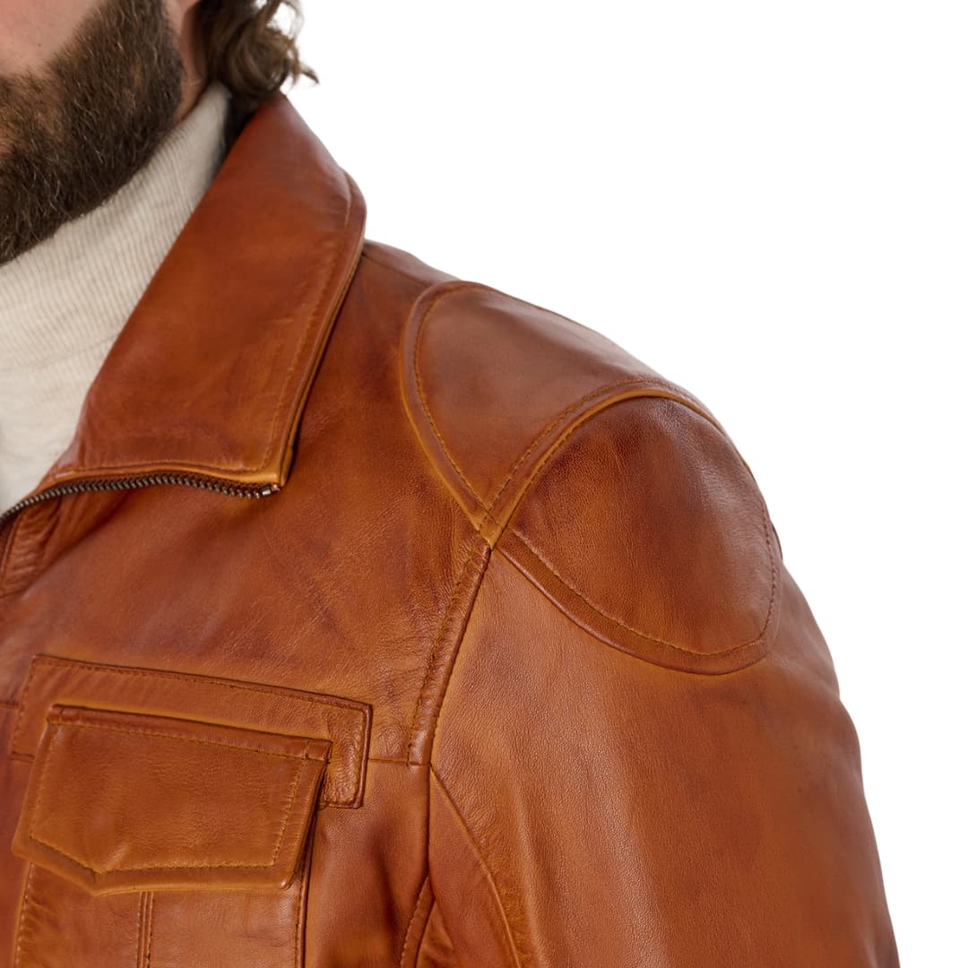 Mens Cognac Brown Leather Trucker Jacket