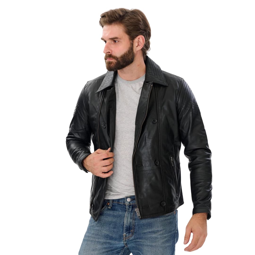 Mens Double Breasted Black Leather Jacket