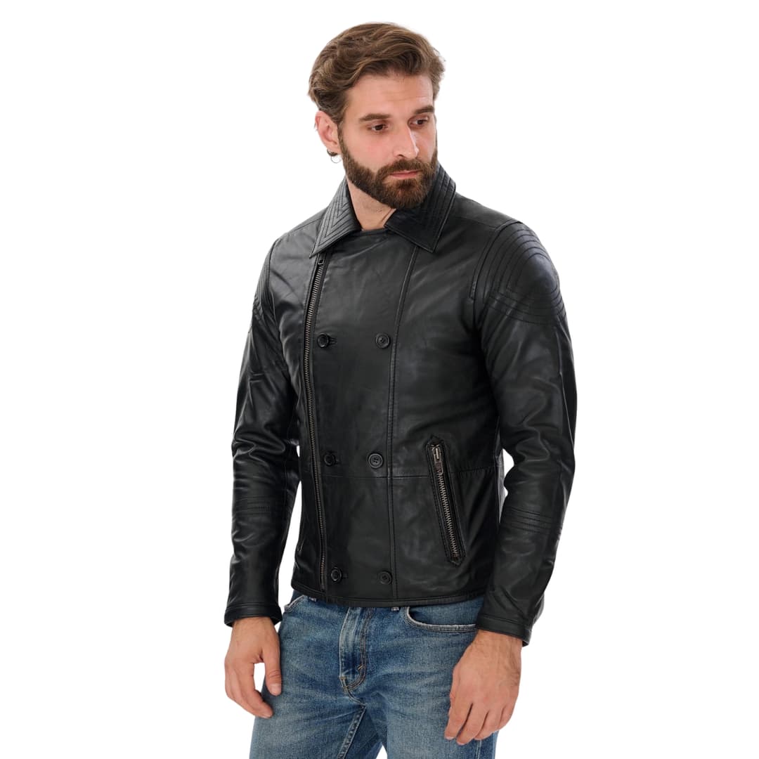 Mens Double Breasted Black Leather Jacket