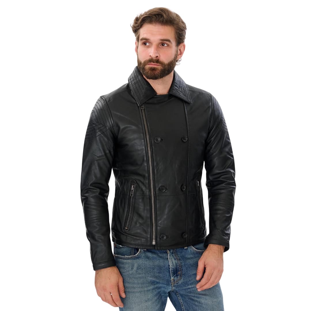 Mens Double Breasted Black Leather Jacket