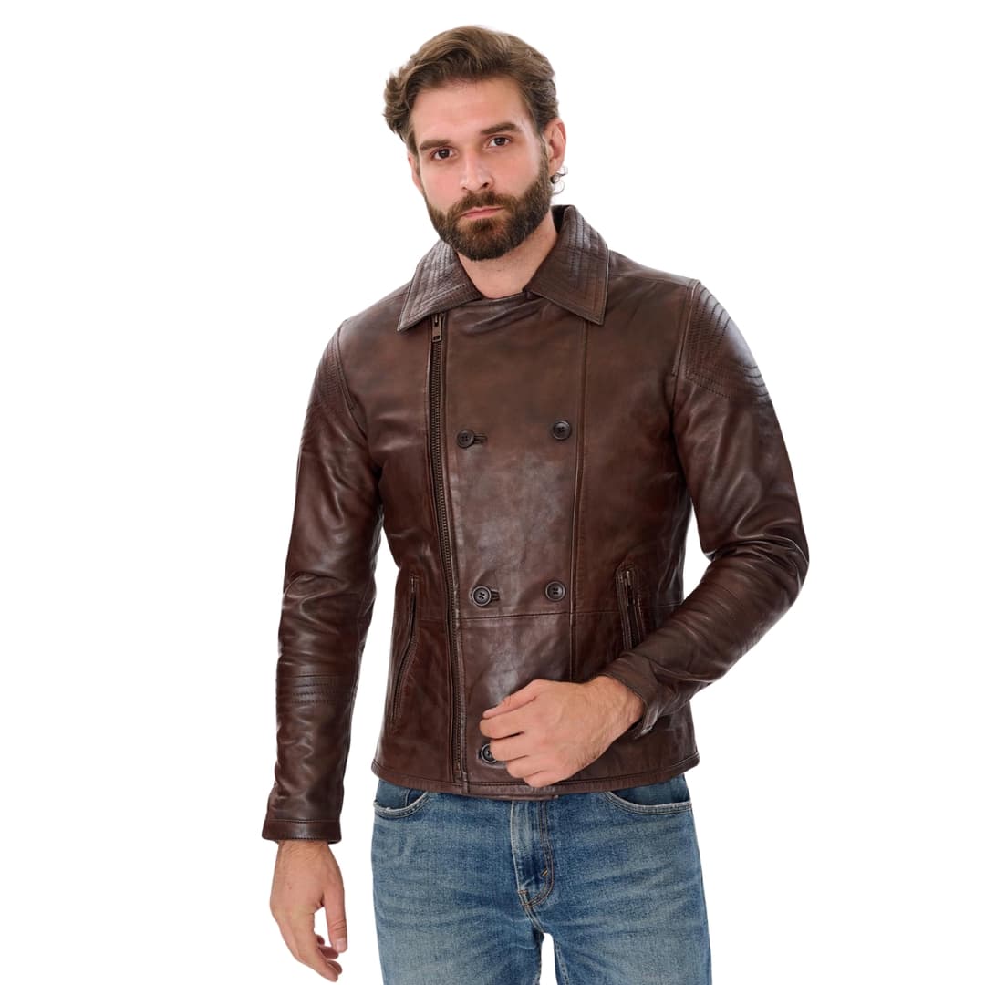 Mens Double Breasted Brown Leather Jacket