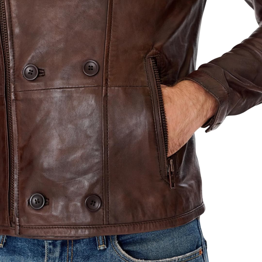 Mens Double Breasted Brown Leather Jacket