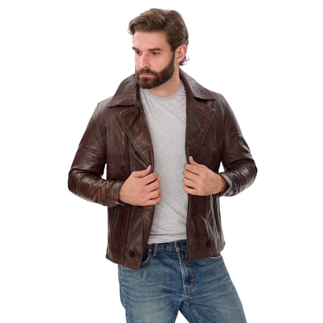 Mens Double Breasted Brown Leather Jacket