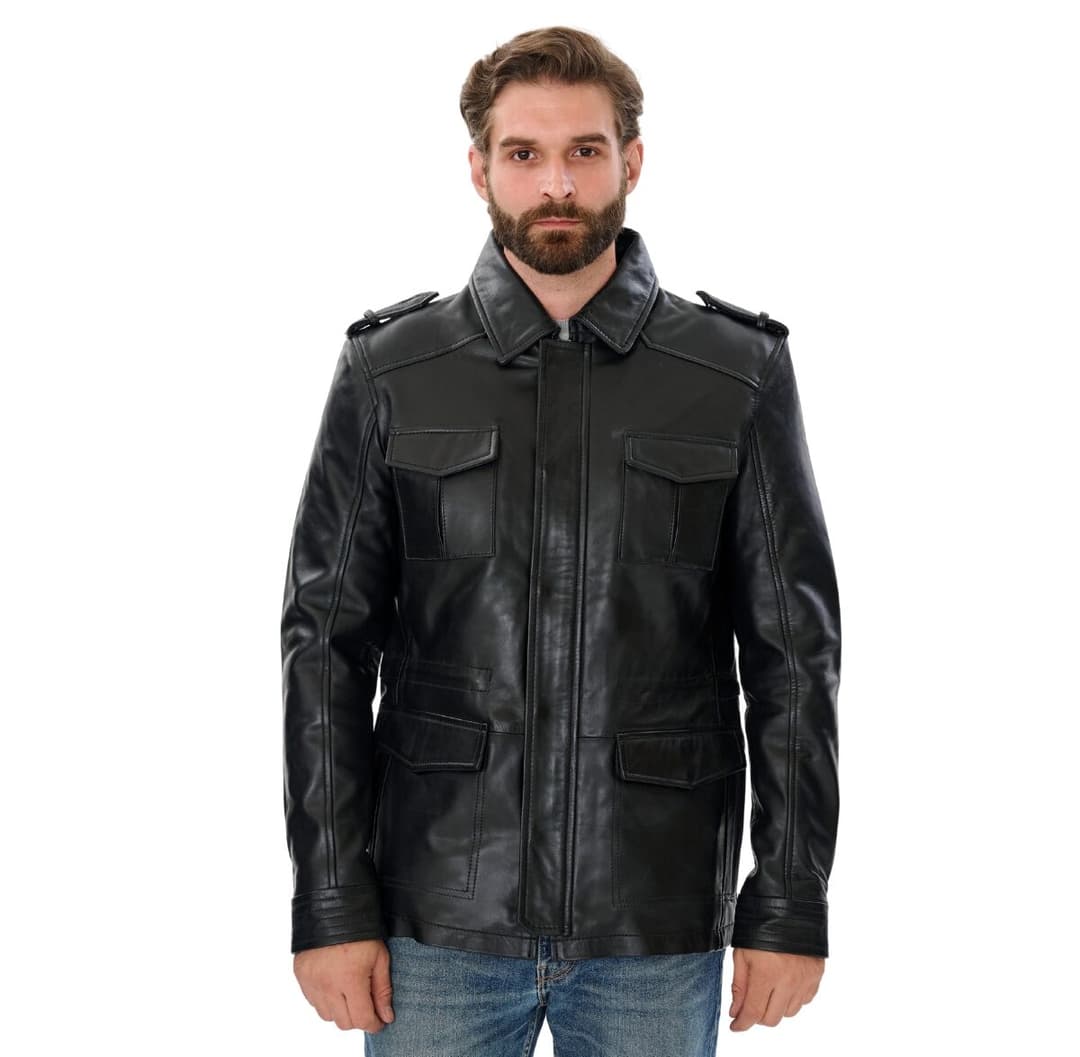 Mens Sheepskin Black Leather Trucker Jacket