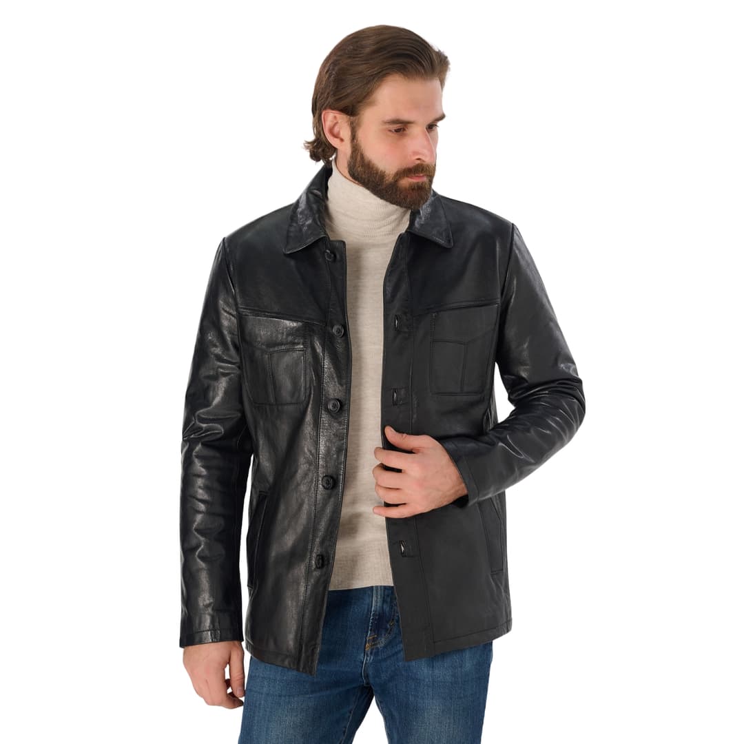 Mens Sheepskin Vintage Black Genuine Leather Jacket