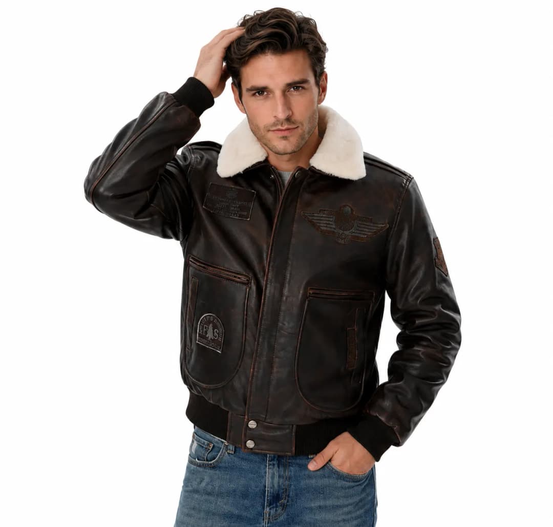 Mens Air Force Pilot Bomber Jacket With Shearling Collar-4