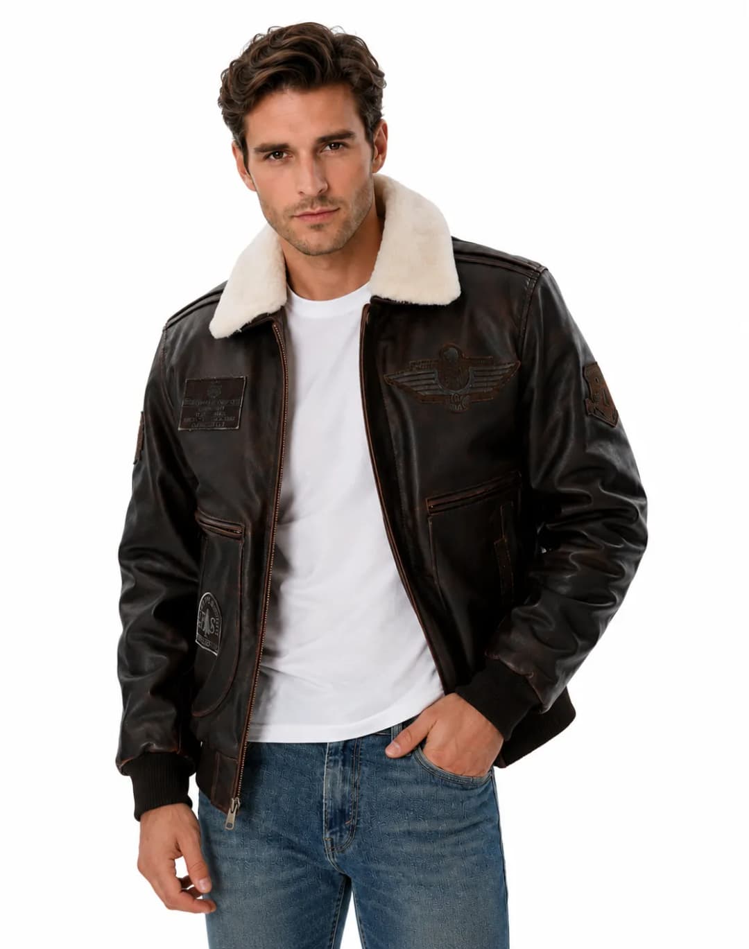 Mens Air Force Pilot Bomber Jacket With Shearling Collar-5