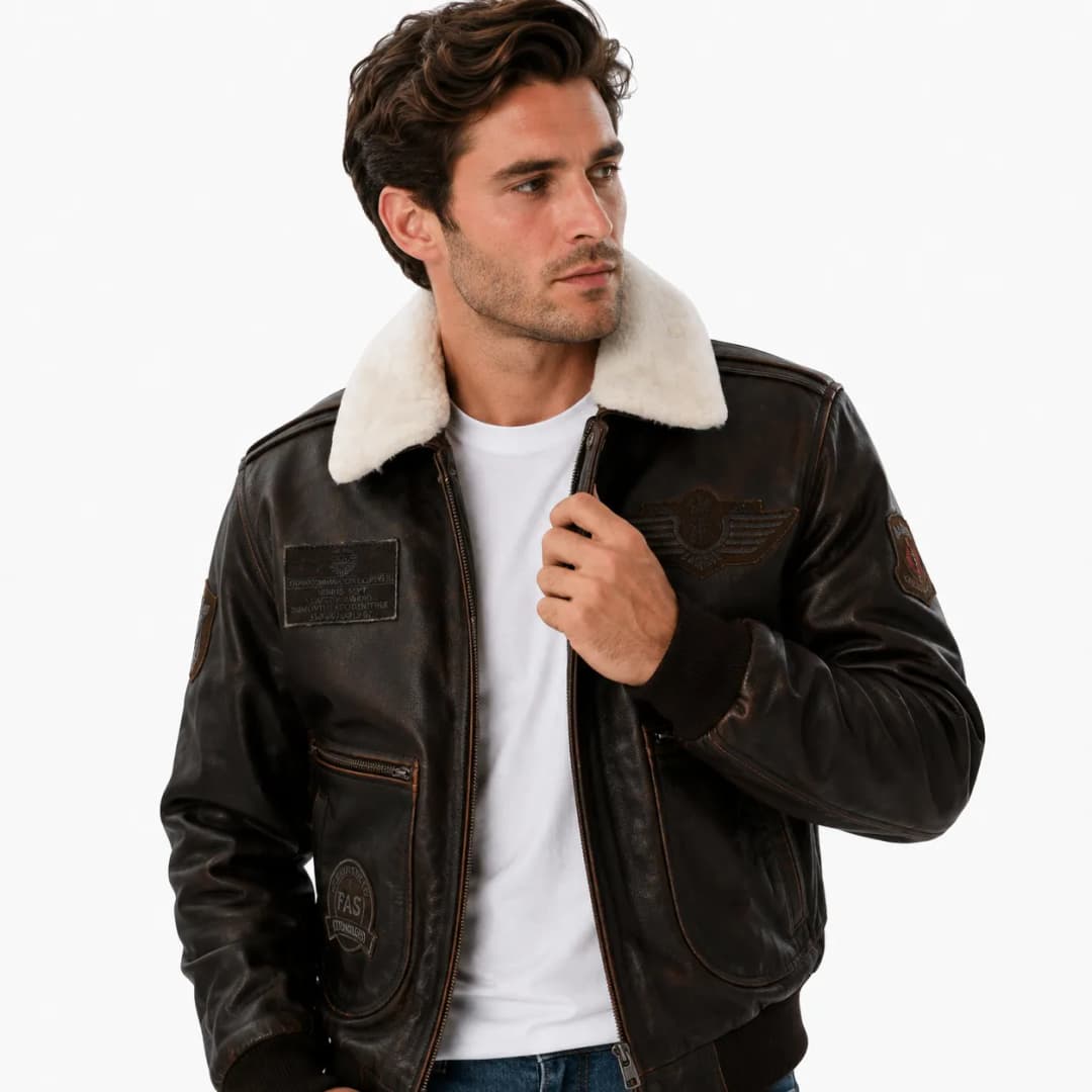 Mens Air Force Pilot Bomber Jacket With Shearling Collar-6