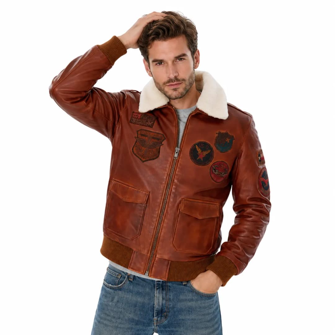 Mens Brown Leather Aviator Jacket With Fur Collar_3