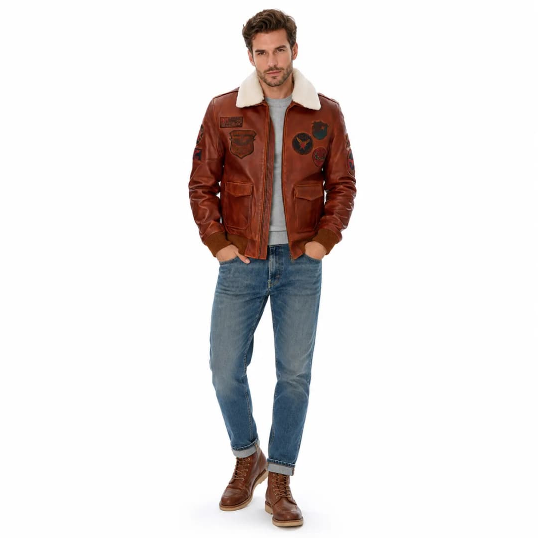Mens Brown Leather Aviator Jacket With Fur Collar_4