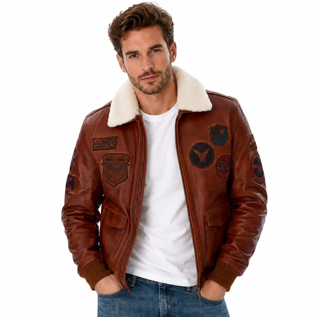 Mens Brown Leather Aviator Jacket With Fur Collar_5