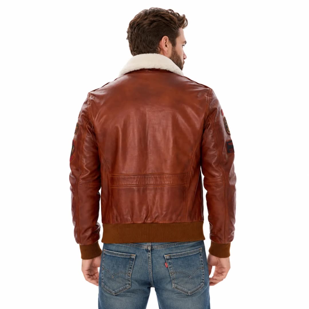 Mens Brown Leather Aviator Jacket With Fur Collar_6
