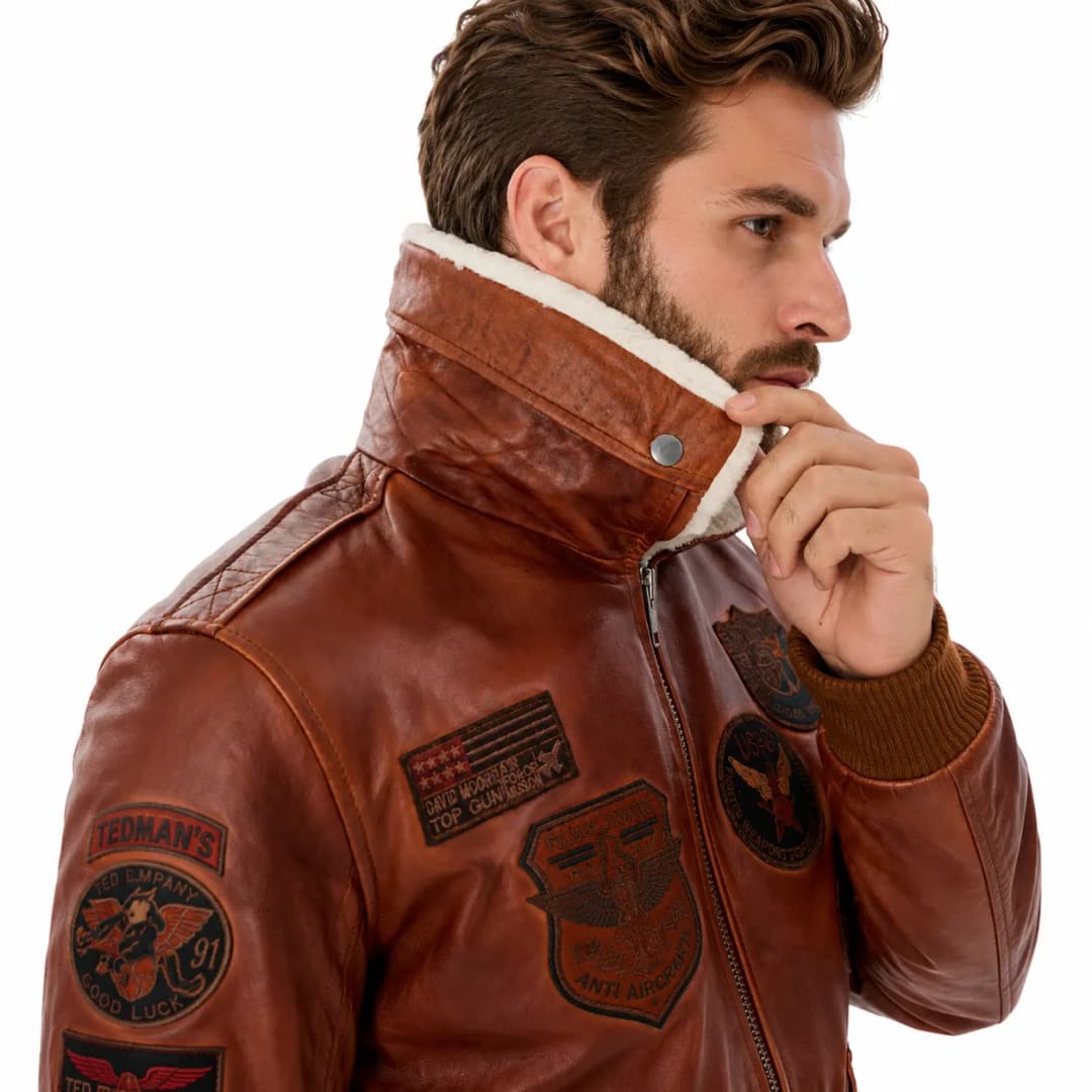 Mens Brown Leather Aviator Jacket With Fur Collar_7