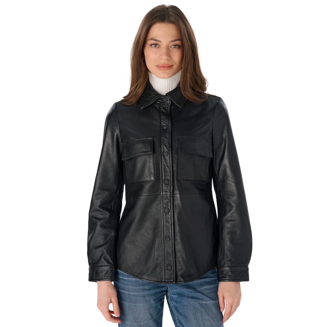Womens Black Leather Shirt Stylish Button-Up Top